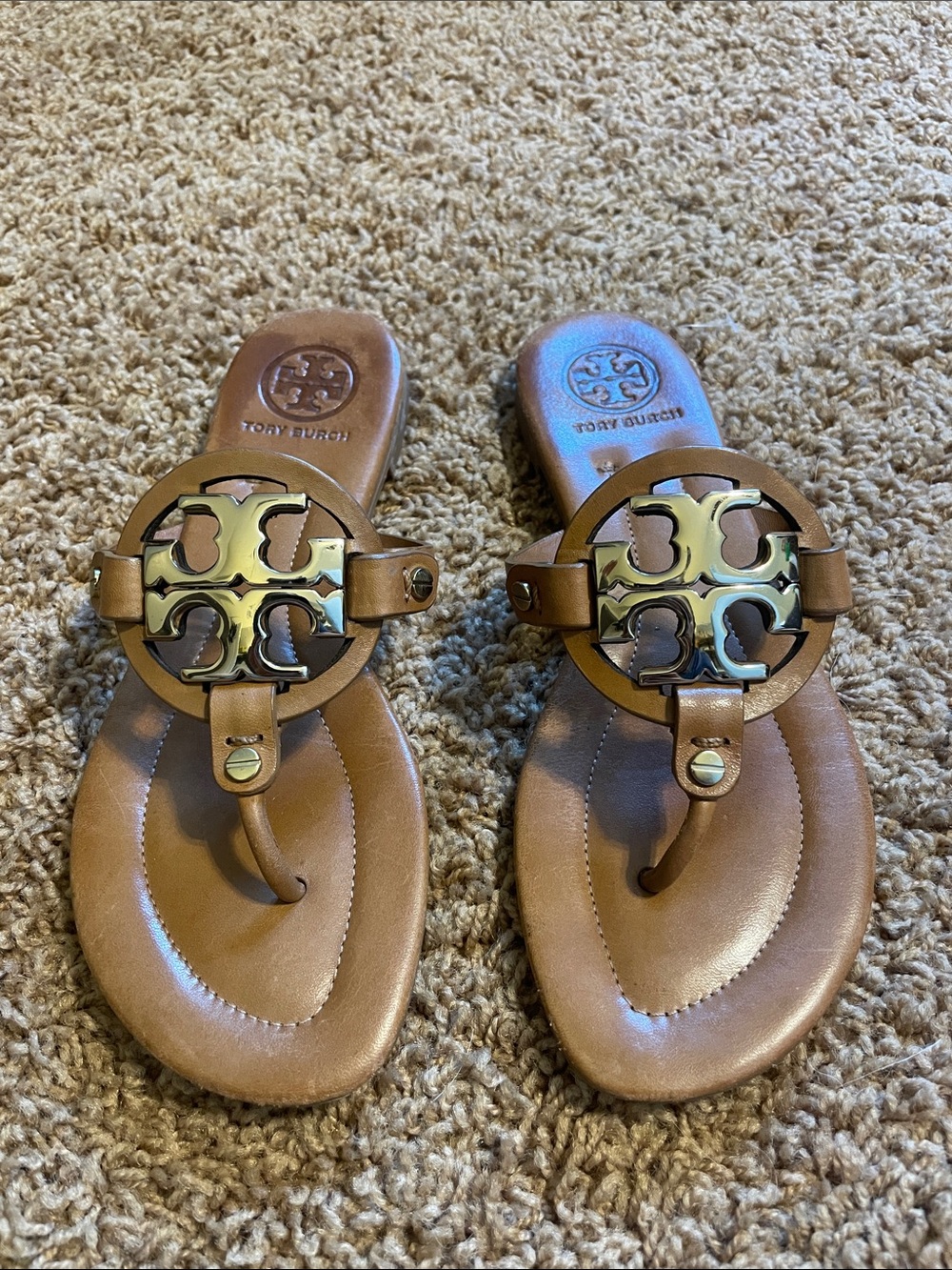 Tory Burch Tan Leather Miller Logo Thong Sandals with Gold Emblem